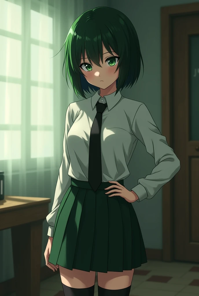 ((masterpiece,   top quality,   Highest image quality  , high resolution,   Photorealistic  , RAW photo,   , in anime style)) (The girl is 20-23 years old , calm,  Cold-blooded ,  with a grain of disgust ,  hair slightly short dark green , Eyes are green, ...