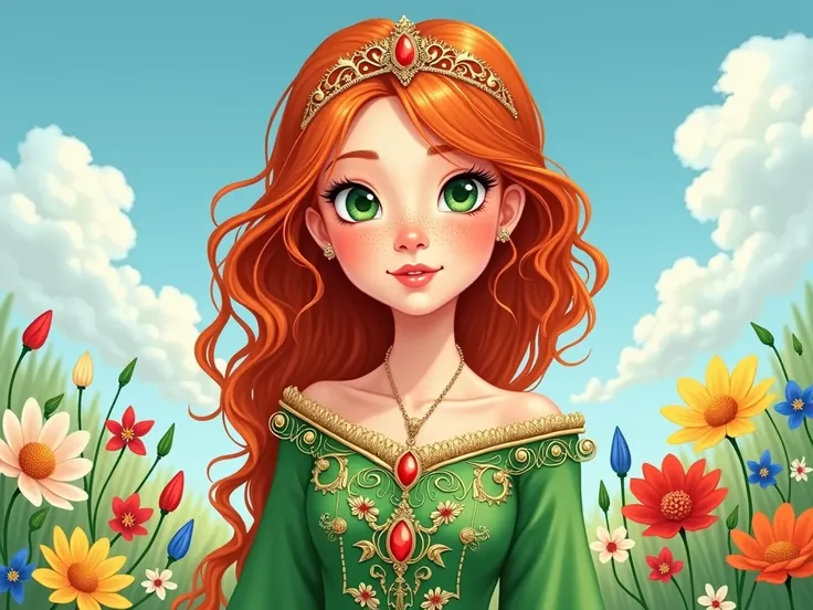 Draw an illustration, Girl with bright red hair,  with bright green big ,  with freckles on the nose and cheeks ,  with pinkish plump lips ,  long eyelashes , with a slight blush on the cheeks,  gold ,  lace ,  eyes with red stones as a tiara in her hair ....