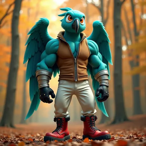  A turquoise muscular winged parrot furry jock in silver bracelets, wearing red boots , in white pants, in a brown sleeveless zippered sweater , in black gloves, stands against the background of an autumn forest 