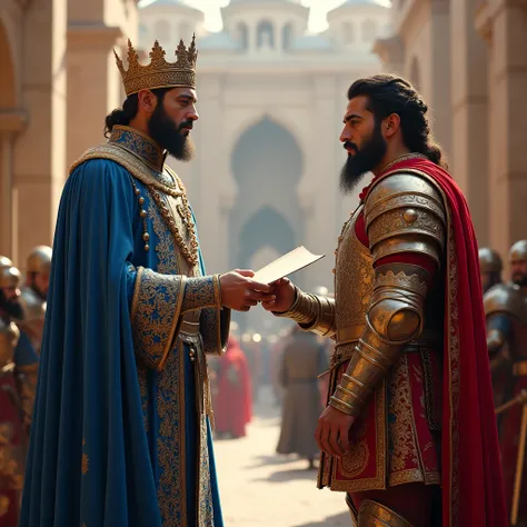 German king, jo blue costume pehne hai, aur crown pehne hai, ek fauji ko letter de raha hai, fauji red and golden Armor pehne hai, characters bade size me hain, scene created in period of Salahuddin Ayyubi 