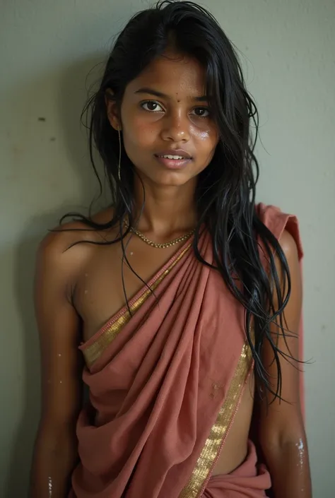 Realistic Photo of a kerala teenage girl in saree All her body is wet from the shower water High Resolution, 4k, full body till feet, white toes, full body, head to feet