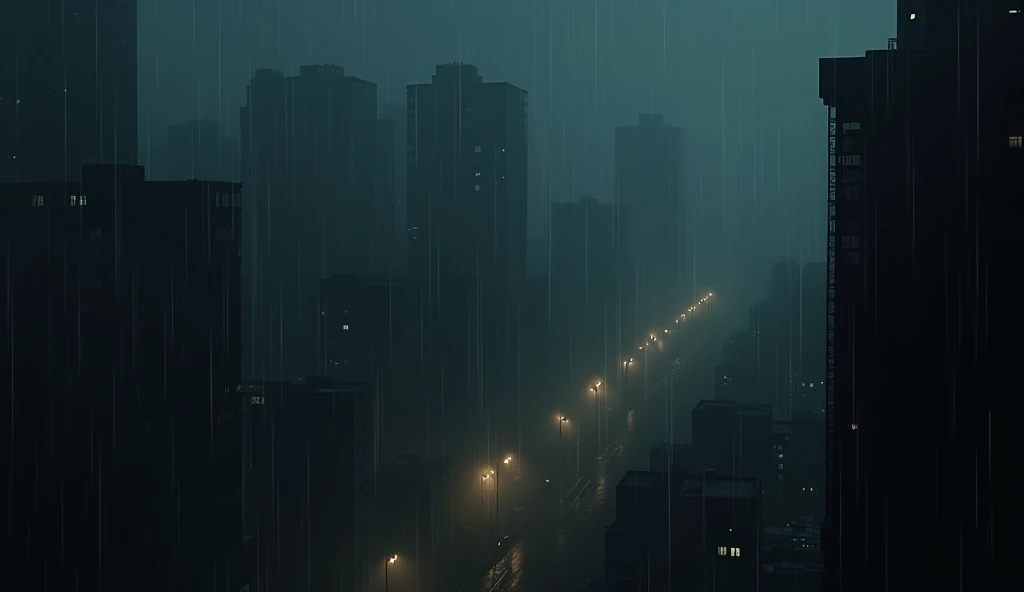 "A dimly lit cityscape at night, with rain softly falling. A slow pan reveals a single apartment window faintly glowing. The scene should convey a melancholic urban atmosphere, with muted colors and a soft rain ambiance."
