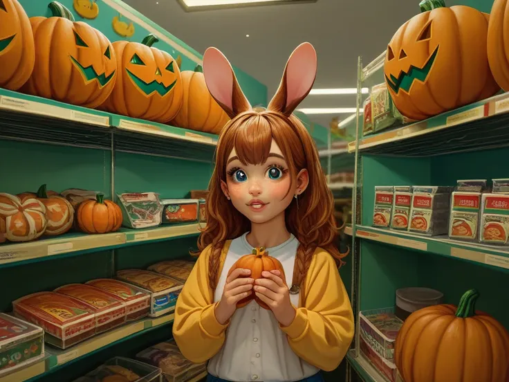   cute girl selling food in a store with a hole in a giant pumpkin々Small animals 、In the forest、  baby mouse playing with pumpkins   、baby squirrel、Baby rabbit 、birdie、  High Definition 、Actual photo