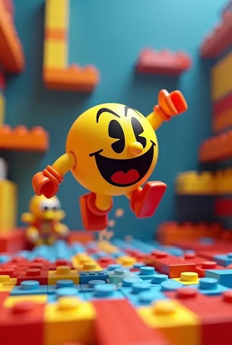 3D pacman jumping over a ghost in a Lego maze