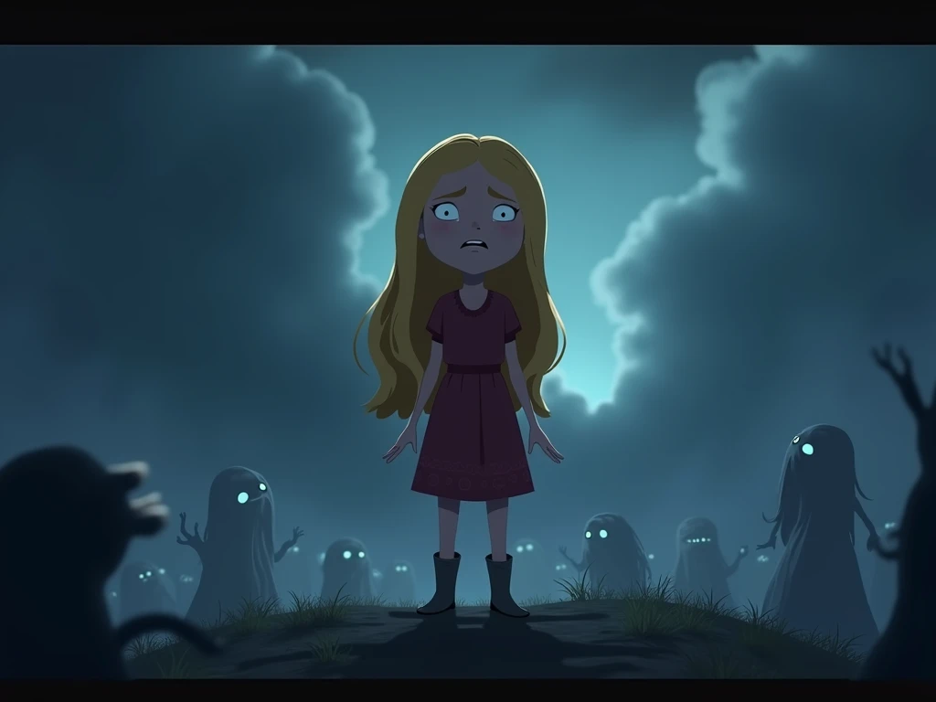  image for the cartoon story of YouTube videos in Pixar format.   Aurelia is a girl about  with long blond hair,   stands on the edge of a strange , the dark world ,  surrounded by ghostly shadows .  Her face expresses fear ,  and her eyes are determined ....