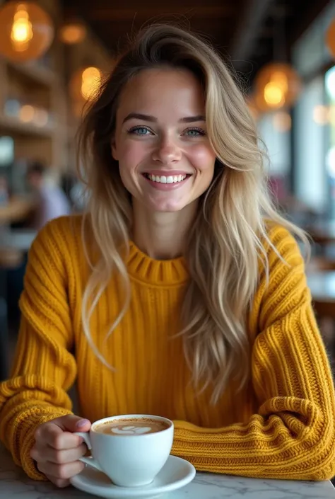 Beautiful brunette with blonde highlights wearing a gold sweater,  (in a cafe drinking core ), highly detailed, 22 years old, ismile  face, natural wavy hair, blue eyes, high resolution, Masterpiece, Best quality, Intricate high detail, Highly detailed, Sh...