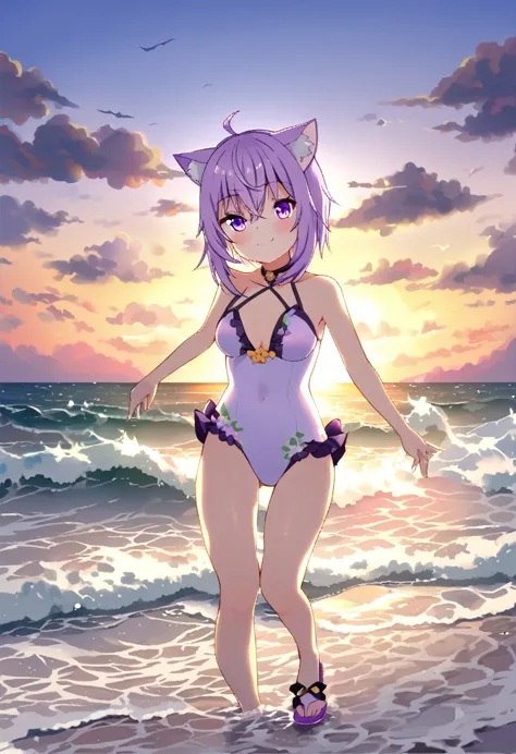 1 girl、hololive、nekomata okayu、 animal ears 、solo、purple eyes、purple hair、cat ears、ahoge、 animal ears の綿毛、chest、hair between the...