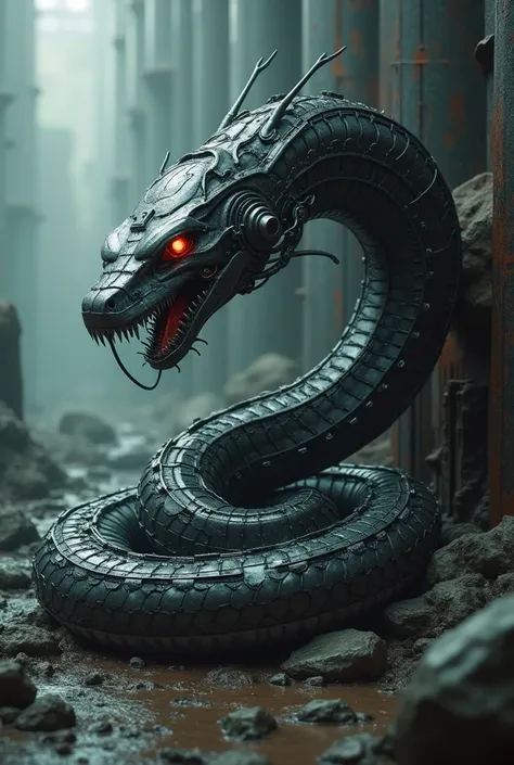 I want to make a dangerous hybrid photo of a snake and an robot with dark theme