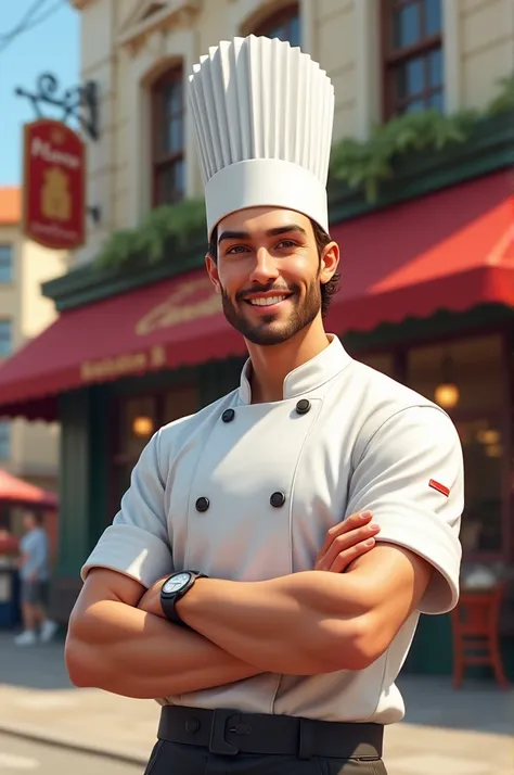 Image of a young man chef by profession in front of his restaurant 