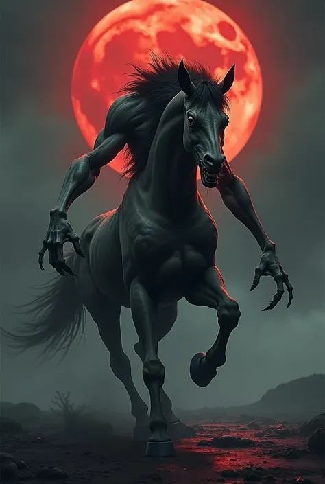 Here’s a dark, creative prompt for a man and horse fusion:

**"A horrifying hybrid of man and horse, where the lower half is a powerful, muscular horses body, complete with hooves that strike the ground with terrifying force. The upper body retains a human...