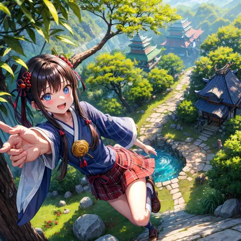 Chestnut Hair、 blue eyes、Hair tied up、Two cute、 plaid mini skirt 、 BLACK T-SHIRT、 Long Sleeve 、kimono、striped high socks、Teeth are visible、lawn、The stone is cracked、Uneven ground、The road is curved、View from above、Large autumn tree、Mountain々、 fence、isolate...