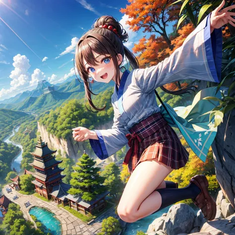 Chestnut Hair、 blue eyes、Hair tied up、Two cute、 plaid mini skirt 、 BLACK T-SHIRT、 Long Sleeve 、kimono、striped high socks、Teeth are visible、lawn、The stone is cracked、Uneven ground、The road is curved、View from above、Large autumn tree、Mountain々、 fence、isolate...