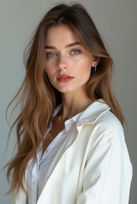 18 year old ukraine girl with 70 kg weight sexy figure with white shirt and white coat only face with white tone and shoulder show half  photo with best side pose realistic photo photo size fit with instagram beutiful face and red light red lips full light...