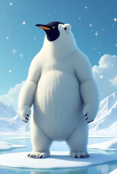   A majestic polar bear with a penguin head, standing on a snow-covered ice rink . 