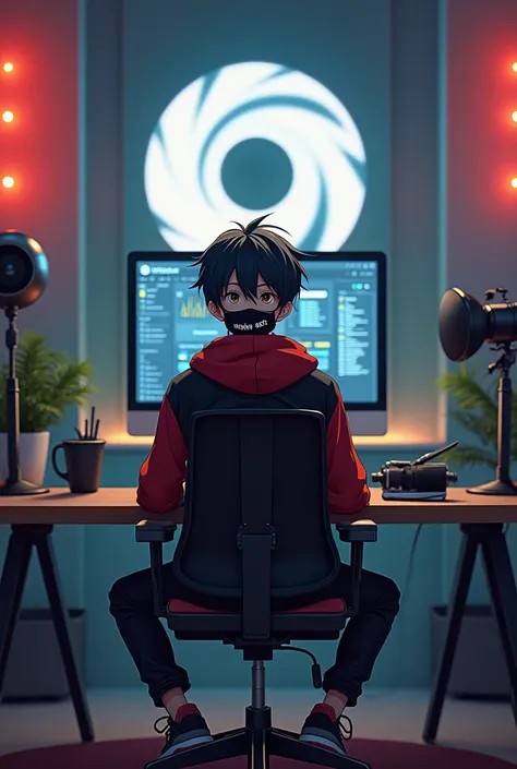 Create a image of "A 18 years anime boy, sit in front of desk with a  mice and  wearing black and red hoodie and  black mask with the Channel Name on it "movies ast".

The background includes a large camera logo on the wall, potted plants on either side, a...