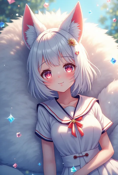 Anime white fox girl with Japanese uniform have medium breast is sleeping ((8k,​masterpiece,top-quality,Watercolor, Official Art:1.2)),((optimal balance、Accurate depiction：1.2))、
(( cinematic light, best quality backlight)),(( fine finish )), ((Best lighti...