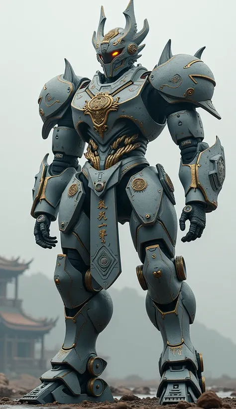 . This years photo is a 16k image of a 10m-tall iron figure full of futuristic ancient Chinese warriors., Inspired by((Mobile Suit transformers)), blue and white ,  Gold and black details . The Chinese dragon logo on the chest ,  A design that combines tra...