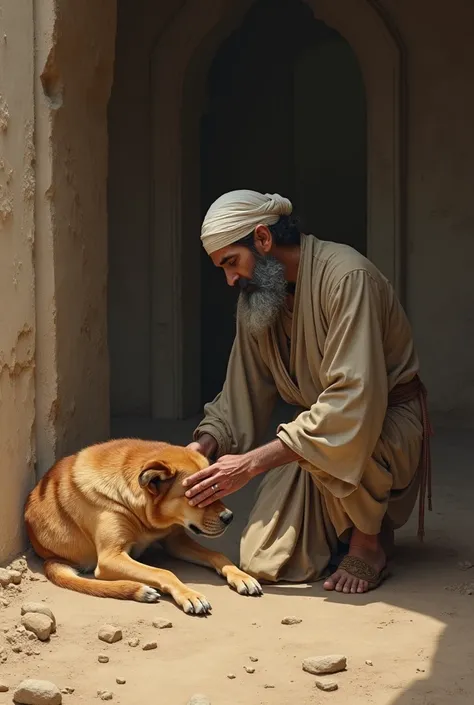 A dog laying mud floor and side view of 
 Islamic scholar caring the dog no need books and full size image 