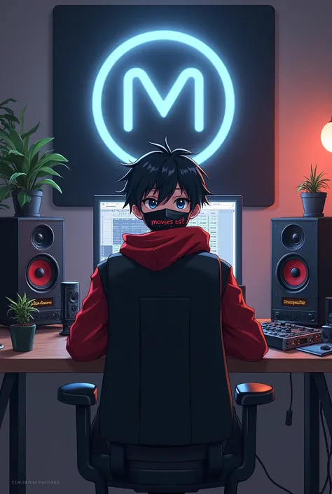 Create a image of "A 18 years anime boy, sit in front of desk with a  mice and  wearing black and red hoodie and  black mask with the Channel Name on it "movies ast".

The background includes a large camera logo on the wall, potted plants on either side, a...