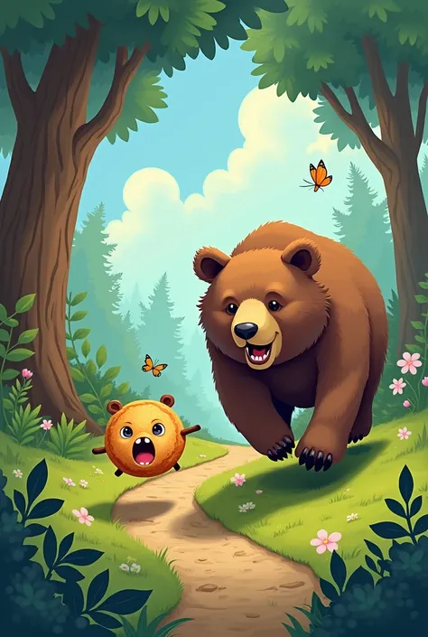 Illustration of the fairy tale of a bun running away from a bear