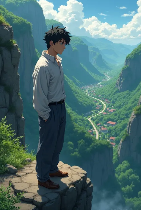 a  guy, mid expression, on a cliff, forest in the cliff, a town to the left of the cliff, left side perspective, clouds, anime style, cool shadow casting behind the guy