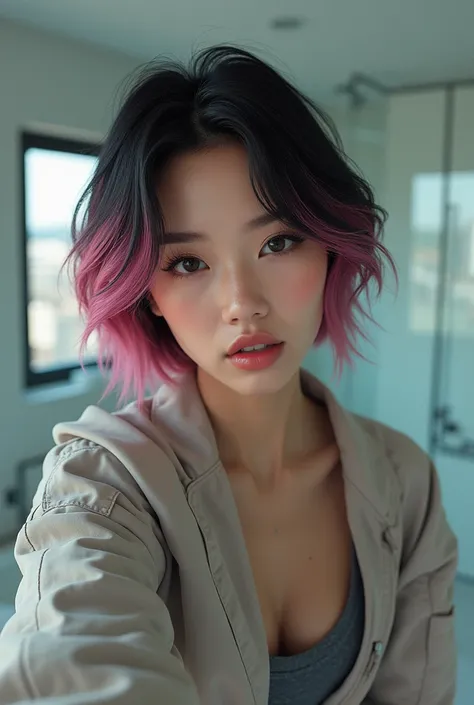 a beautiful asian korean  woman with  short black and pink  hair, slim and fit body, wearing a bomber   taking a selfie in a bathroom, photorealistic, highly detailed,