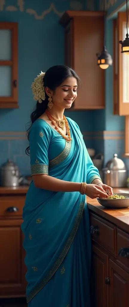 A Beautiful Hindu lady wearing dark blue saree, she is cooking in the kitchen, a beautiful lady, queen, with happy face, talking to her, in kitchen, night time, lights on, 4k, hyper, realistic