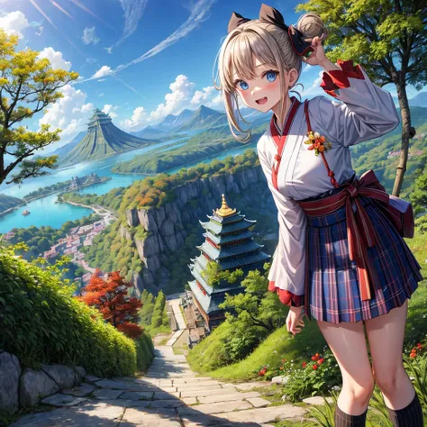 Chestnut Hair、 blue eyes、Hair tied up、Two cute、 plaid mini skirt 、 BLACK T-SHIRT、 Long Sleeve 、kimono、striped high socks、Teeth are visible、lawn、The stone is cracked、Uneven ground、The road is curved、View from above、Large autumn tree、Mountain々、 fence、isolate...