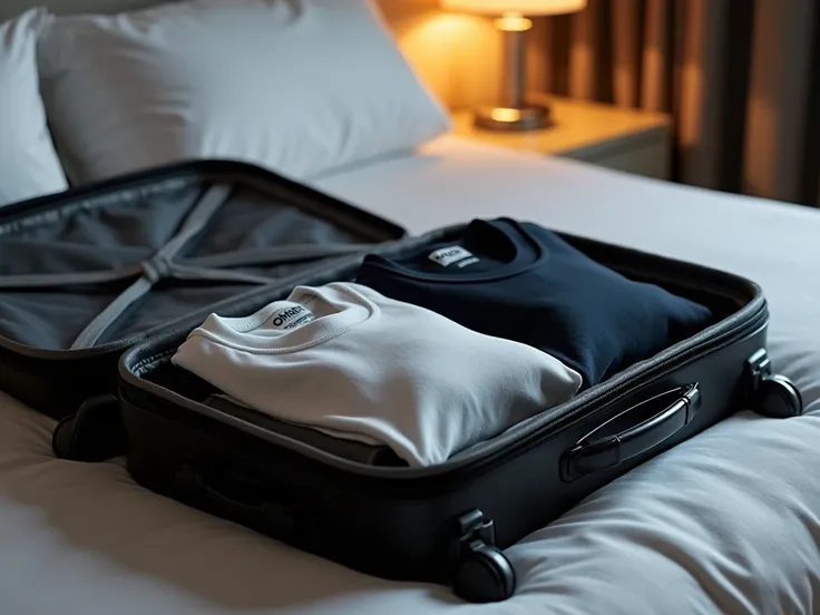 A black suitcase lies on a hotel bed. The suitcase is open. The suitcase contains T-shirts, underwear, and socks from the Omsa brand. Close-up. There is a nightstand next to the bed. There is a lamp with dim lighting on the nightstand.