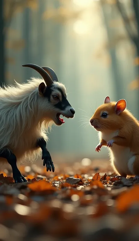 A tense standoff between an angry goat and a fierce hamster, both locked in a battle-ready stance, surrounded by a dense forest clearing with scattered leaves and beams of diffused sunlight breaking through the mist, the scene is charged with tension and w...