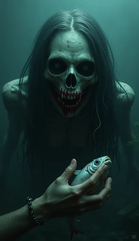 The scene at the bottom of the lake, dark and gloomy, close-up of a terrifying ghost, big deep black eyes, long hair, bleeding mouth, holding a carp in his hand, scary and eerie