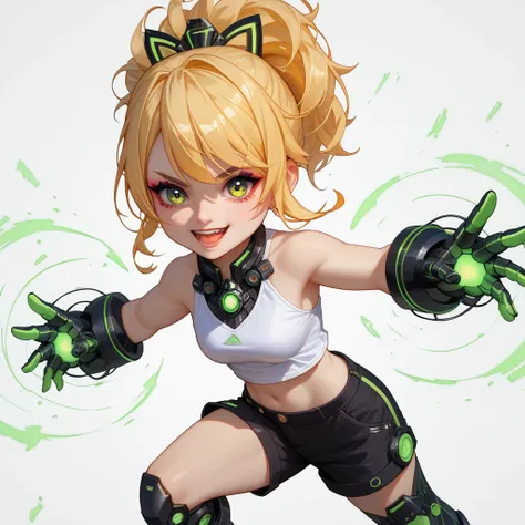 A Girl, Multicolored, The character is wearing a Ember Suits and white tank top, and Black shorts, White Background, Makeup Douyin, Cyber Style, (Virtual idol wearing a cyber-inspired villain costume ),( Action Poses Like a Sci-fi Hero Show ) , Full Body, ...