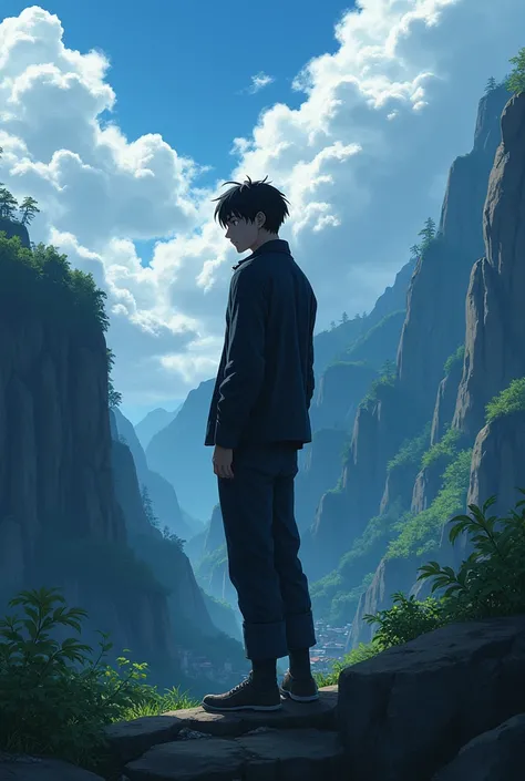 a  guy, mid expression, on a cliff, forest in the cliff, a town to the left of the cliff, perspective from his left side, clouds, anime style, cool shadow casting behind the guy