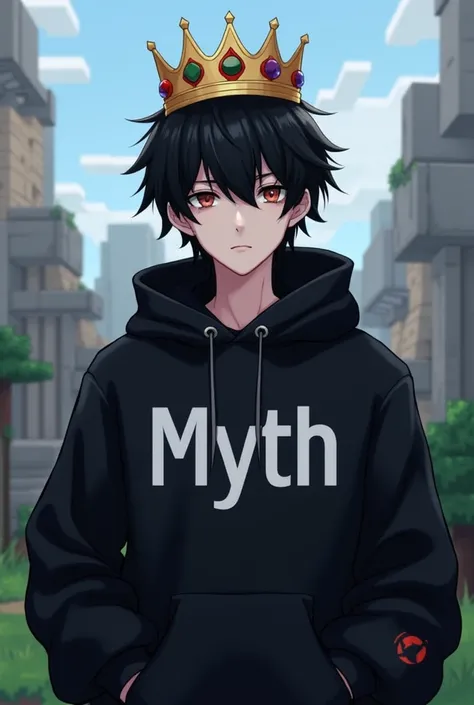 Bikinka fanart ,  character black haired guy , wearing a crown,  wears a black hodie inscribed MYTH in white, background render minecraft,  size 1280×1280 