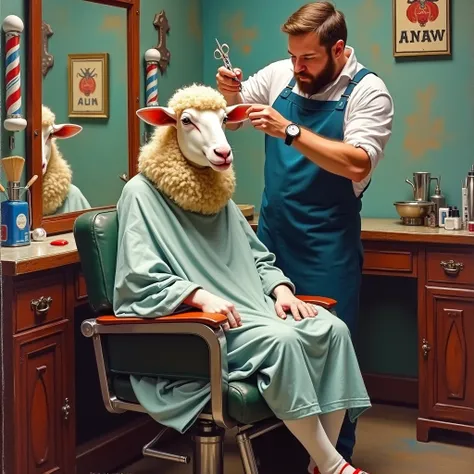 An impressionist oil painting of a sheep getting a trendy haircut at a barber shop. The sheep is wearing a stylish cape and is sitting on a chair. The barber is holding a pair of scissors. The background is a vintage barber shop with a mirror, a sign, and ...