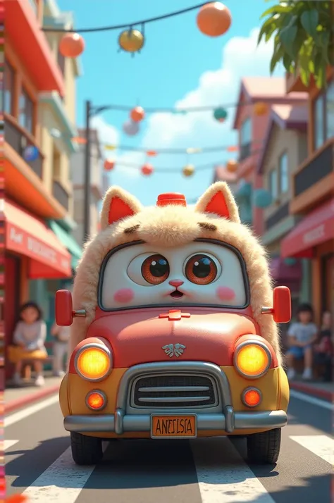 Create a whimsical scene featuring a cute, fluffy cat-themed ambulance with large, expressive eyes and a bright, colorful design. The ambulance should be adorned with red crosses and neon lights, parked in a lively urban setting, surrounded by charming bui...