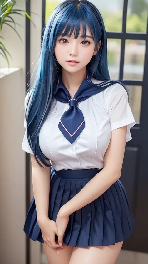 A masterpiece, extremely detailed, Kampala, (realistic, photorealistic:1.37), excellent anatomy, beautiful woman, sexy idol, (medium build), ((6.5 heads)), slight smile, high school girl, focus on thighs, ((school uniform:1.5)), (red necktie:1.3), deep wai...