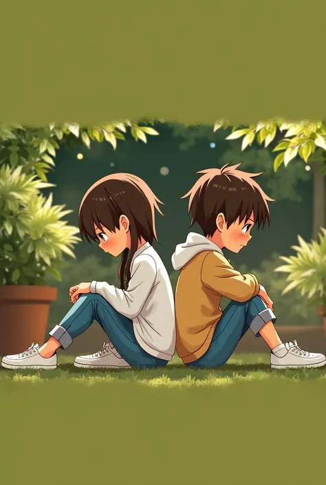 an image of a girl and a boy,  both sitting with their backs to each other ,  both dressed in sweatshirts and white sneakers.  brown hair and black eyes . High resolution, castanho jacket, 