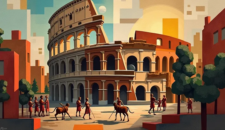 Create an artistic collage where the city of Rome is represented with its main monuments, the Colosseum, the mouth of truth, the gladiators, all done in a kind of cubist art collage

