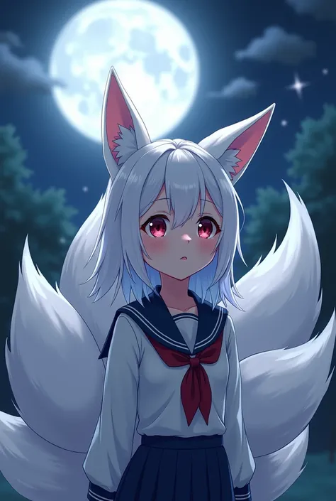 Anime white nine-tailed fox girl with Japanese student uniform. She have medium breast. She is crying at night under the moon