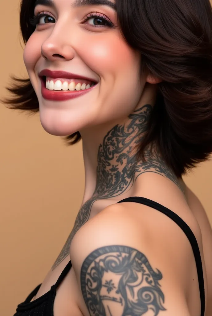 professional photography of a beautiful woman, intricate neck tattoos, close up portrait, vibrant smile, masterpiece, best quali...