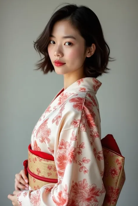 Model actress 、 one woman、nice、 half Japanese and half European、Beauties in their 30s 、 Real Skin、 facing the front、 standing 、studio、 short hair、kimono