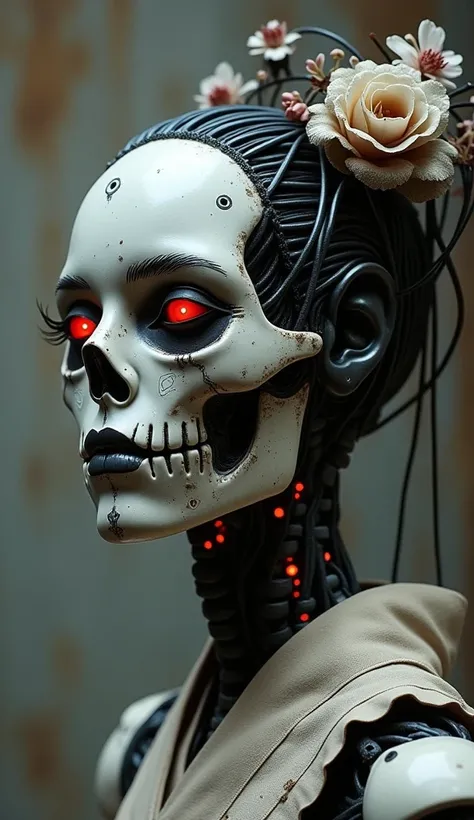  Cyborg Woman Wearing a Mask 、creepy eyes 、 Statue Inspired by Abe Yoshitoshi 、tumblr、 decayed 、Chinese ghost festival 、 Looking Here from Behind 、 Beautiful Skeleton Geisha with a Spine 、 Hair Growing from Wires 、 on a mannequin with a mask 、 glowing eyes...