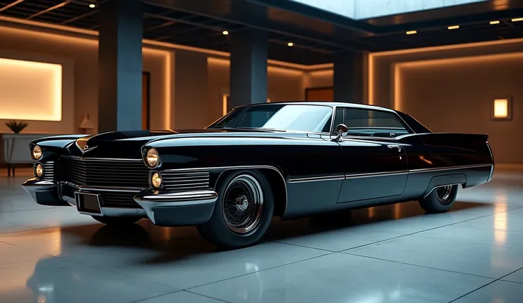 Here is a conceptual visualization of the 2026 Cadillac Coupe DeVille, showcasing its retro-futuristic luxury design in a sophisticated showroom setting. Let me know if you need adjustments or additional details for the prompt!The car shining Black 