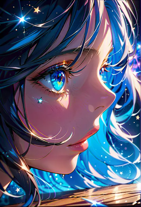 a extreme close up facial picture of an astrologist who divine the future from the stars, an extraordinary beautiful woman, divining the future from the stars, there is magic in her eyes, the ((her eyes are deep blue filled with stars: 1.5)) ladyshadow, dy...