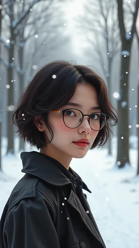 Femme belle 36 avec lunettes de vue cheveux courts marron foncé dans un paysage de lhiver 