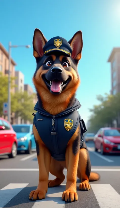 Max( German Shepherd, Sleek, muscular build with a shiny black and tan coat, Bright, expressive brown eyes, A small traffic police vest with reflective stripes, A cute police hat slightly askew on his head) stands at a busy intersection, his vest gleaming ...