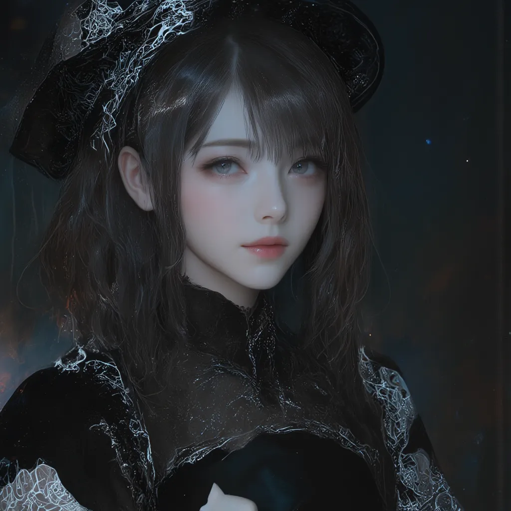 Hyper-detailed digital painting featuring and Photorealistic ,an East-Asian woman in a black, witch-like complex decorated robe, giving her an ethereal and mysterious presence. She appears as an incorporeal ghost, surrounded by glowing fog, set against a d...