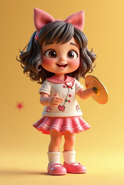 -A 3D hyperrealistic Create an image of a cheerful  with bright, sparkling eyes and Wavy hair. 
She is wearing a uniform  with play Cymbal occupations patterns and wearing pink shoe and is playing  The scene radiates warmth and joy, 
capturing the essence ...