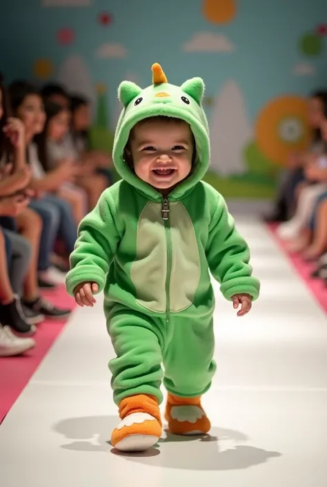 A joyful baby walking along a runway, dressed in a cozy green dinosaur or monster costume with a hood featuring small, playful details. The costume is soft and fluffy, and the baby is wearing orange and white plush booties resembling animal feet. The baby ...